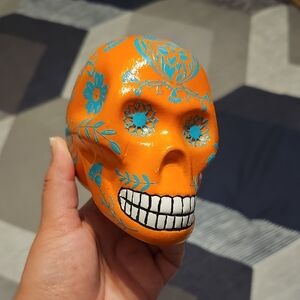 Orange Skull Decor with Blue Floral Design Halloween